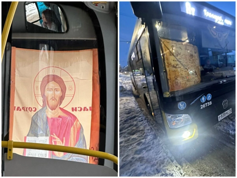 Водители в Рыбинске заклеили окна автобусов иконами от солнечных бликов